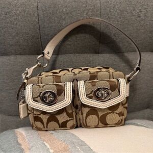 Coach Mini Legacy Turnlock satchel bag signature canvas with white leather trim